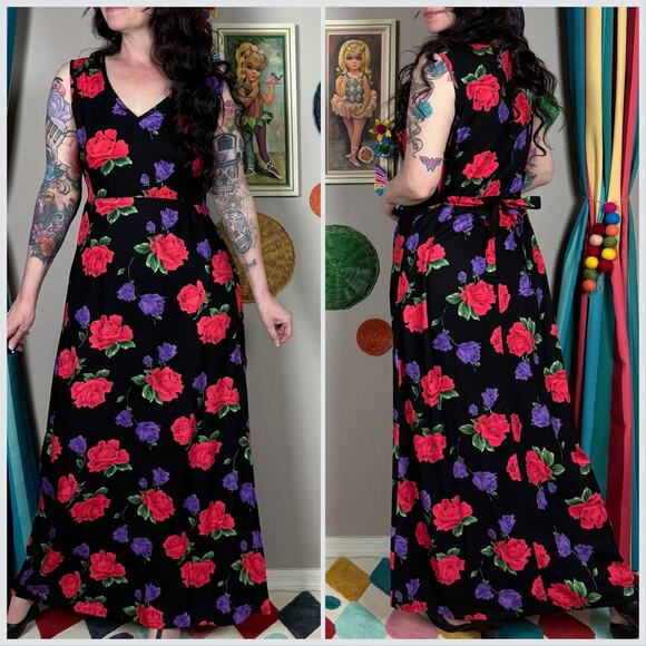 Vintage 1990s Black Floral Sleeveless Maxi Dress - Picture 4 of 8